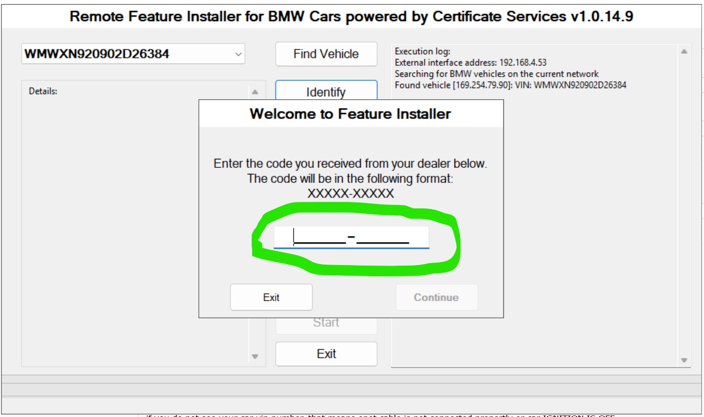 Feature Installer prompt showing where to enter the supplied feature code