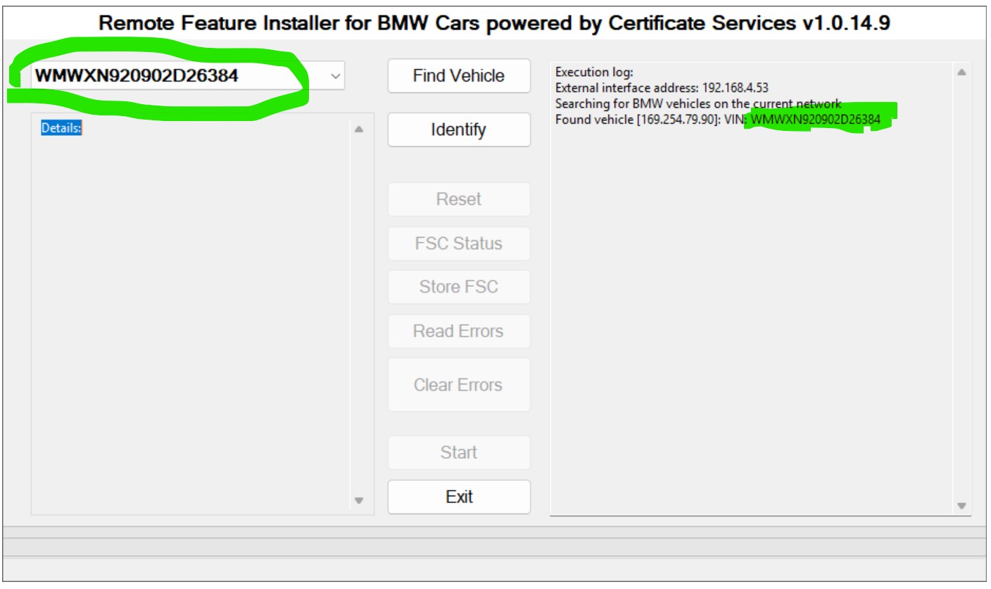 Feature Installer window with the vehicle VIN area and Find Vehicle button visible